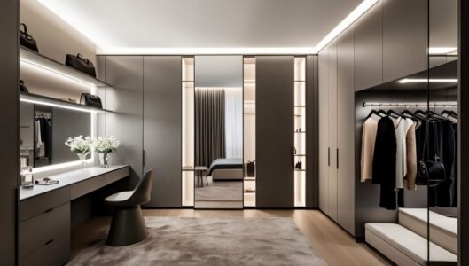 Design a modern dressing room featuring sleek, built-in wardrobes with handle-less doors. Include floating shelves for additional storage and a large, frameless mirror. Install bright LED lighting to illuminate the space. designing a dressing room in a modern style, dressing room model
